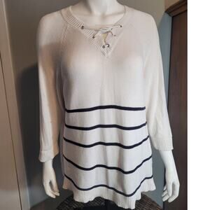 CJ Banks Lace Up Sweater Womens 1X Coastal Stripe Cotton Knit Top Coastal